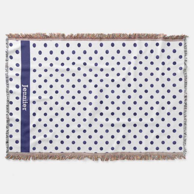 Chic blue and white polka dots patterns monogram throw blanket (Front)