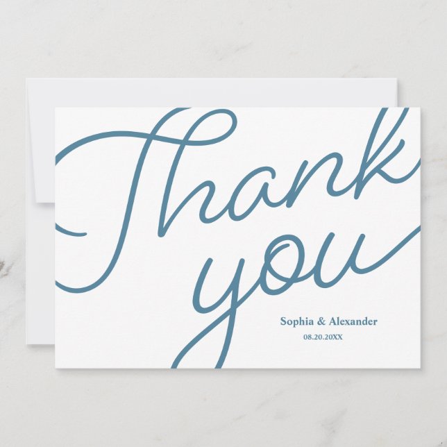 Chic Blue and white Script Wedding Thank you Card (Front)