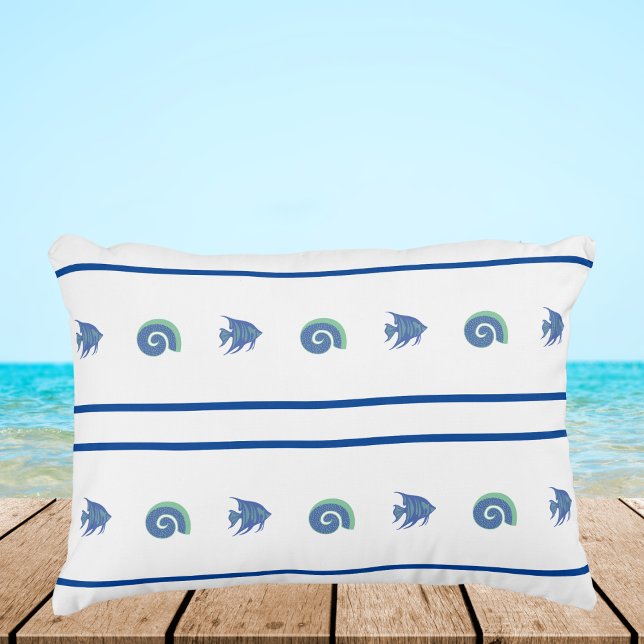 Chic Blue and White Stripes Sea Shells and Fish Accent Pillow (Creator Uploaded)