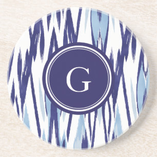 Chic blue and white watercolor ikat pattern coaster