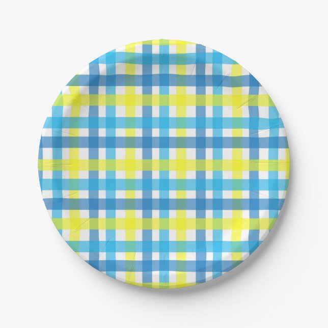 Chic blue and yellow checks party paper plate (Front)