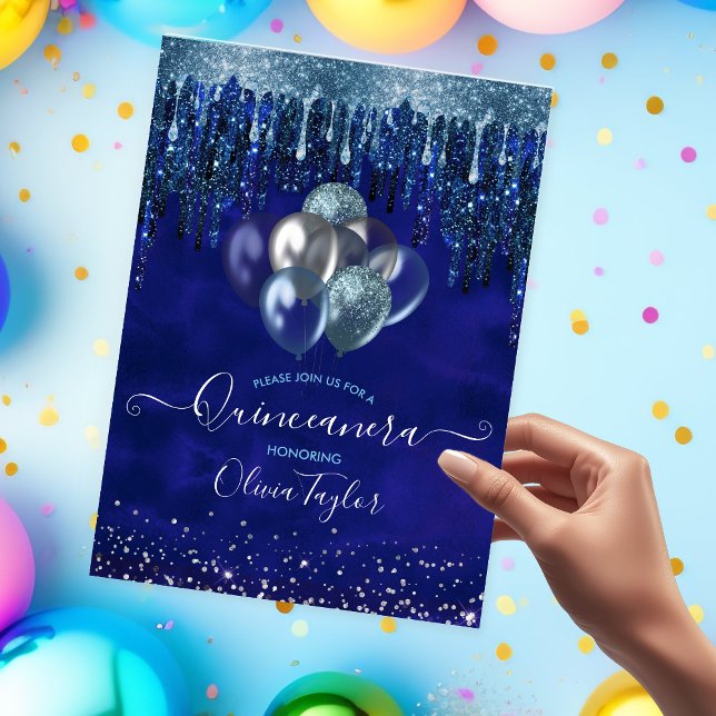 Chic blue aqua drips glitter balloons Quinceanera  Invitation (Creator Uploaded)