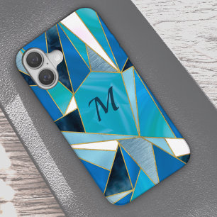 Chic blue aqua teal abstract geometric iPhone 16 case