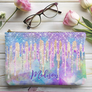Chic blue aqua unicorn dripping glitter monogram accessory pouch