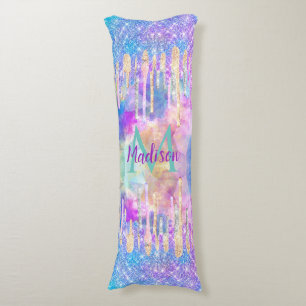 Chic blue aqua unicorn dripping glitter monogram body pillow