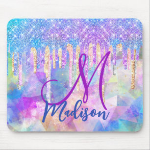 Chic blue aqua unicorn dripping glitter monogram mouse pad