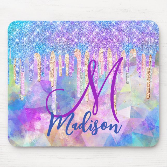 Chic blue aqua unicorn dripping glitter monogram mouse pad (Front)