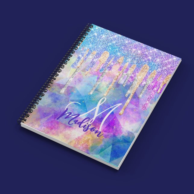 Chic blue aqua unicorn dripping glitter monogram notebook (Creator Uploaded)