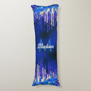 Chic blue aqua unicorn gold glitter drips monogram body pillow
