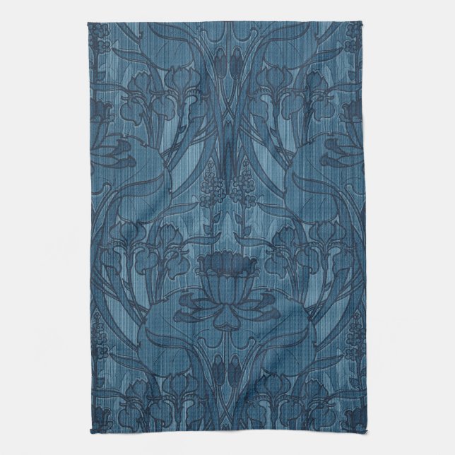 Chic Blue Art Nouveau Iris Botanical Pattern Kitchen Towel (Vertical)