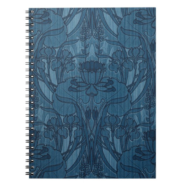 Chic Blue Art Nouveau Iris Botanical Pattern Notebook (Front)