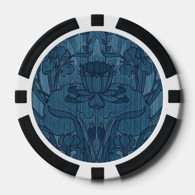 Chic Blue Art Nouveau Iris Botanical Pattern Poker Chips (Front)