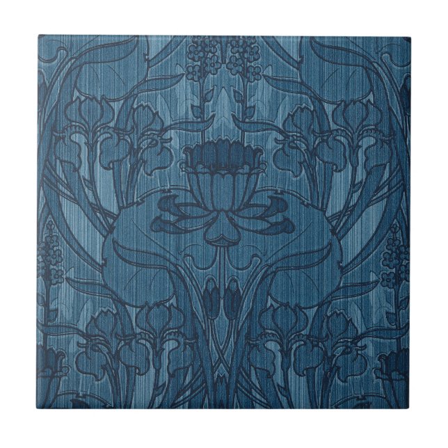 Chic Blue Art Nouveau Iris Botanical Pattern Tile (Front)