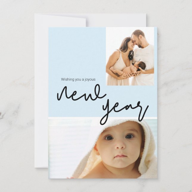 Chic Blue Baby Boy Birth Photo Happy New Year Holiday Card (Front)