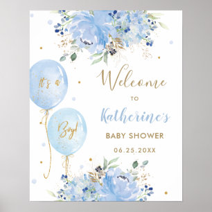 Chic Blue Balloons Floral Boy Baby Shower Welcome Poster