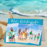 Chic Blue Beach Photo Collage Family Christmas Holiday Card<br><div class="desc">Chic blue customizable beach family photo collage Christmas card with your favourite tropical photos in the sun. Add 3 of your favourite vertical photograph memories from your island vacation to the coast. Beautiful coastal horizontal holiday folded cards with a clean,  modern photograph layout and pretty white script.</div>