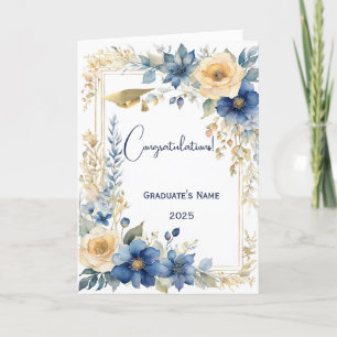Chic Blue Beige Flower Personalized Graduation Card