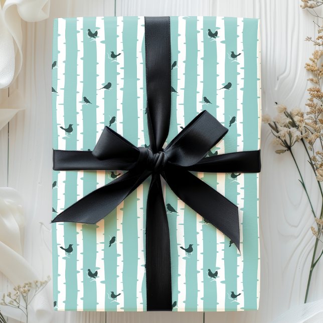 Chic Blue Birch Trees and Birds Pretty Wrapping Paper (Creator Uploaded)