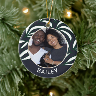 Chic Blue Botanical Dog Photo and Name Christmas Ceramic Ornament