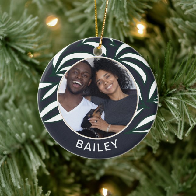 Chic Blue Botanical Dog Photo and Name Christmas Ceramic Ornament (Tree)