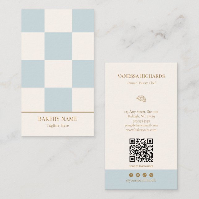 Chic Blue Chequered Bakery QR Code Vertical Business Card (Front/Back)