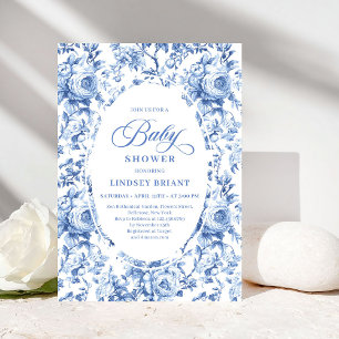 Chic Blue Chinoiserie Toile Baby Shower Invitation
