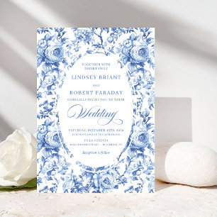 Chic Blue Chinoiserie Toile Floral Wedding Invite