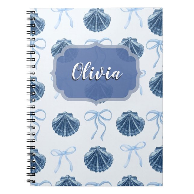 Chic Blue Coastal Shells and Bows Personalized Notebook (Front)