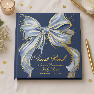 Chic Blue Couture Watercolor Bow Gold Baby Shower Guest Book