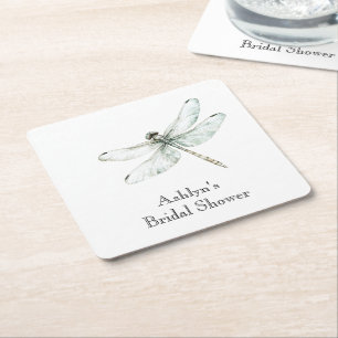 Chic Blue Dragonflies Bridal Shower Square Paper Coaster