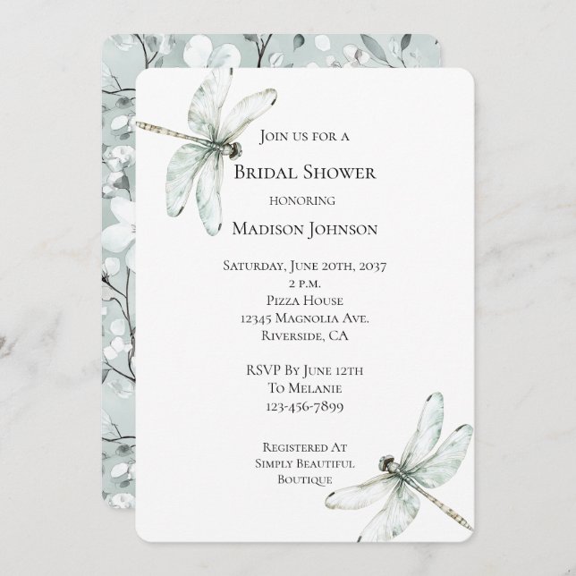 Chic Blue Dragonflies Floral Bridal Shower Invitation (Front/Back)