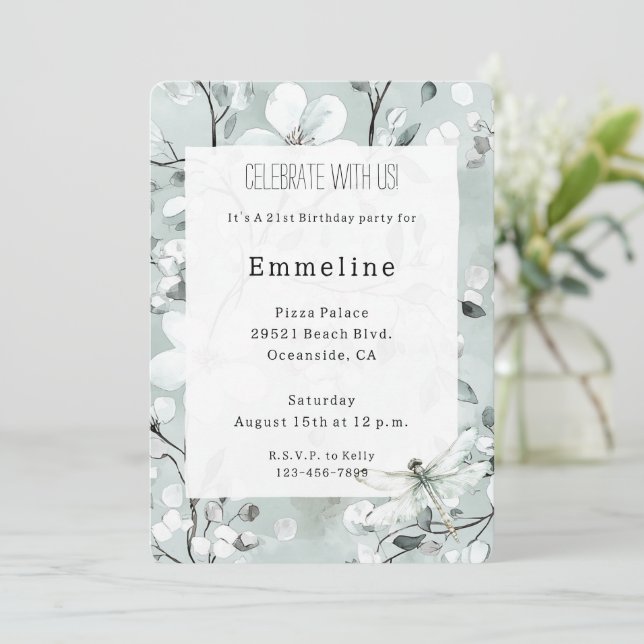 Chic Blue Dragonfly Dream Floral Birthday  Invitation (Standing Front)