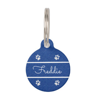 Chic Blue Faux Glitter Customized Cat   Pet Tag