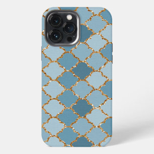Chic Blue Faux Shiny Gold Glitter Mosaic Pattern iPhone 13 Pro Max Case