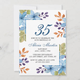 Chic Blue Flora Greenery Any Age Birthday Invitation