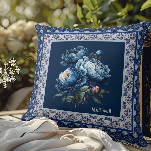 Chic Blue Floral Chinoiserie Monogram Gift Throw Pillow (Creator Uploaded)