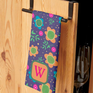 Chic Blue Floral Colourful Monogram Initial   Kitchen Towel