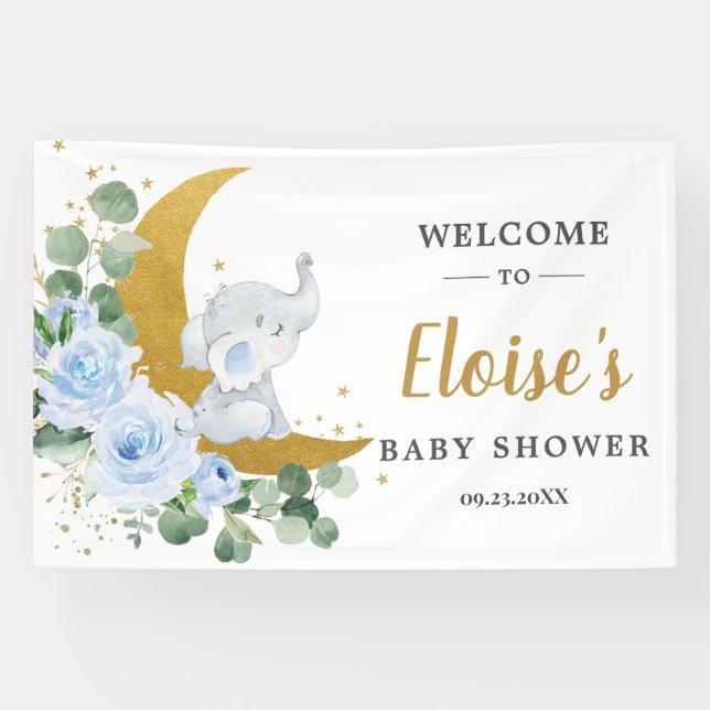 Chic Blue Floral Elephant Baby Shower Backdrop Banner (Horizontal)