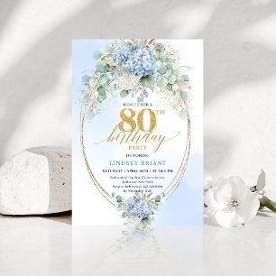 Chic Blue Floral Eucalyptus 80th Birthday Invite