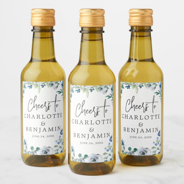 Chic Blue Floral Garden Wedding Custom Mini Wine Label (Bottles)