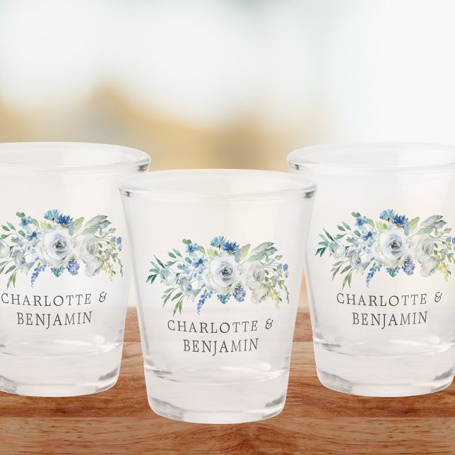 Chic Blue Floral Garden Wedding Custom Shot Glass (Creator Uploaded)