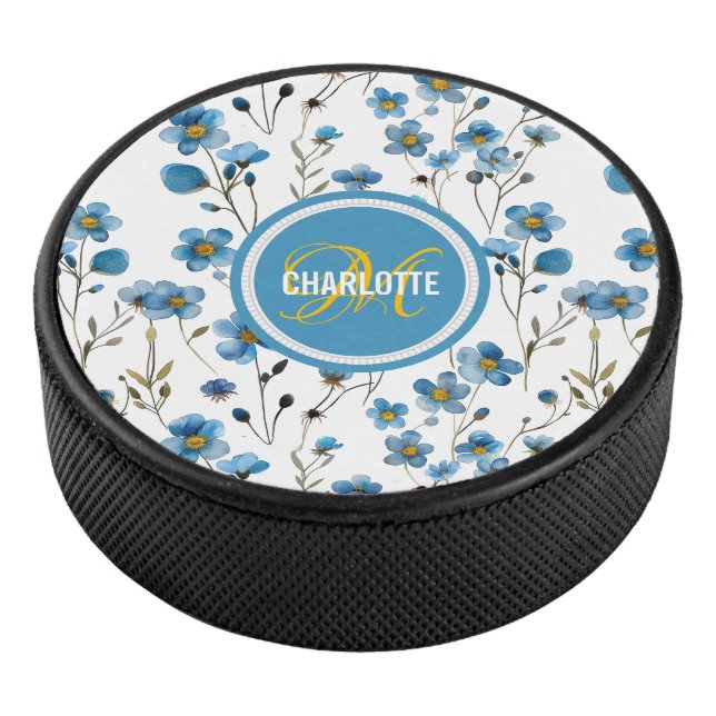 Chic blue floral pattern monogrammed name hockey puck (3/4)
