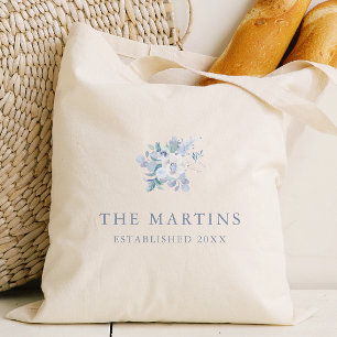 Chic Blue Floral Personalized Name Wedding Tote Bag