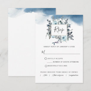 Chic Blue Floral with/out Meal Choices Watercolor RSVP Card