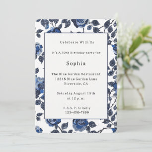 Chic Blue Flowers Birthday Invitation