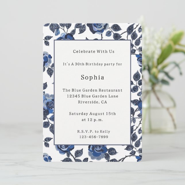 Chic Blue Flowers Birthday Invitation (Standing Front)