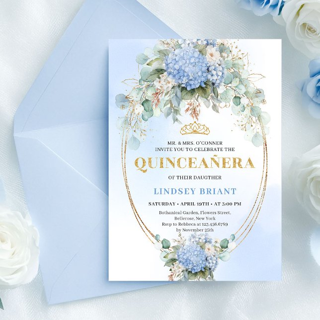 Chic Blue Flowers Greenery Quinceañera Invitation (Chic Blue Flowers Greenery Quinceañera Invitation)