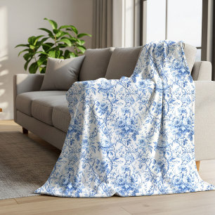 Chic Blue French Toile Roses Floral Blanket