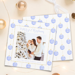 Chic Blue Gingham Plaid Family Christmas Photo Holiday Card