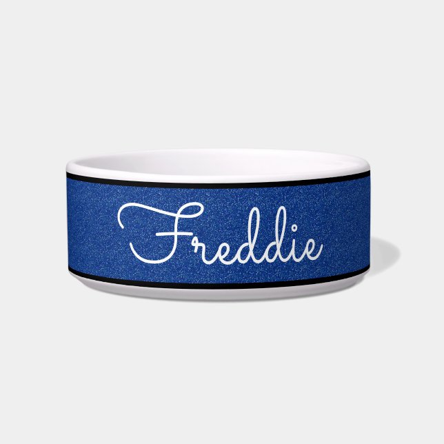 Chic Blue Glitter Customized Cat Bowl (Front)